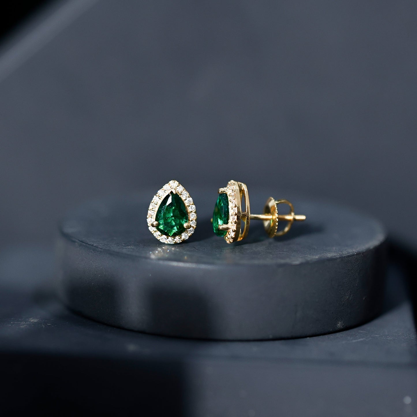 Lab Created Emerald Teardrop Stud Earrings with Diamond Halo