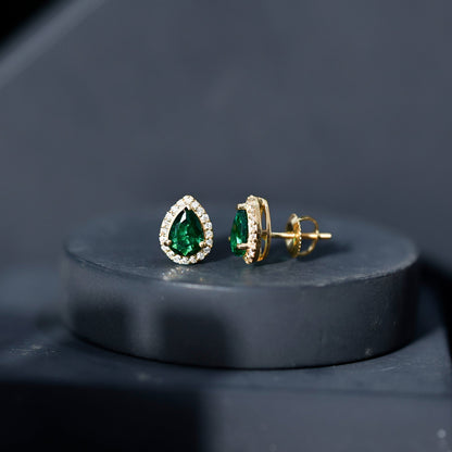 Lab Created Emerald Teardrop Stud Earrings with Diamond Halo