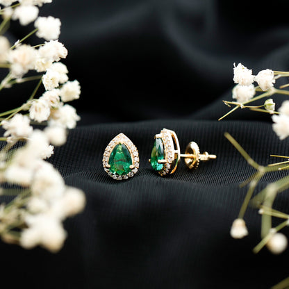 Lab Created Emerald Teardrop Stud Earrings with Diamond Halo