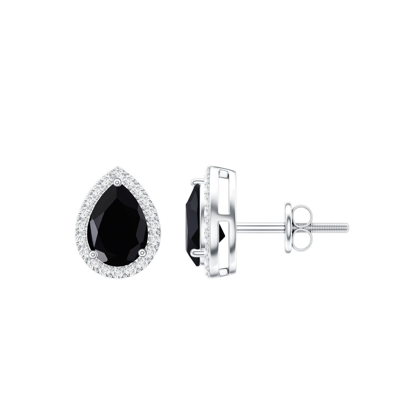 2 Carat Pear Cut Black Onyx and Diamond Halo Stud Earrings