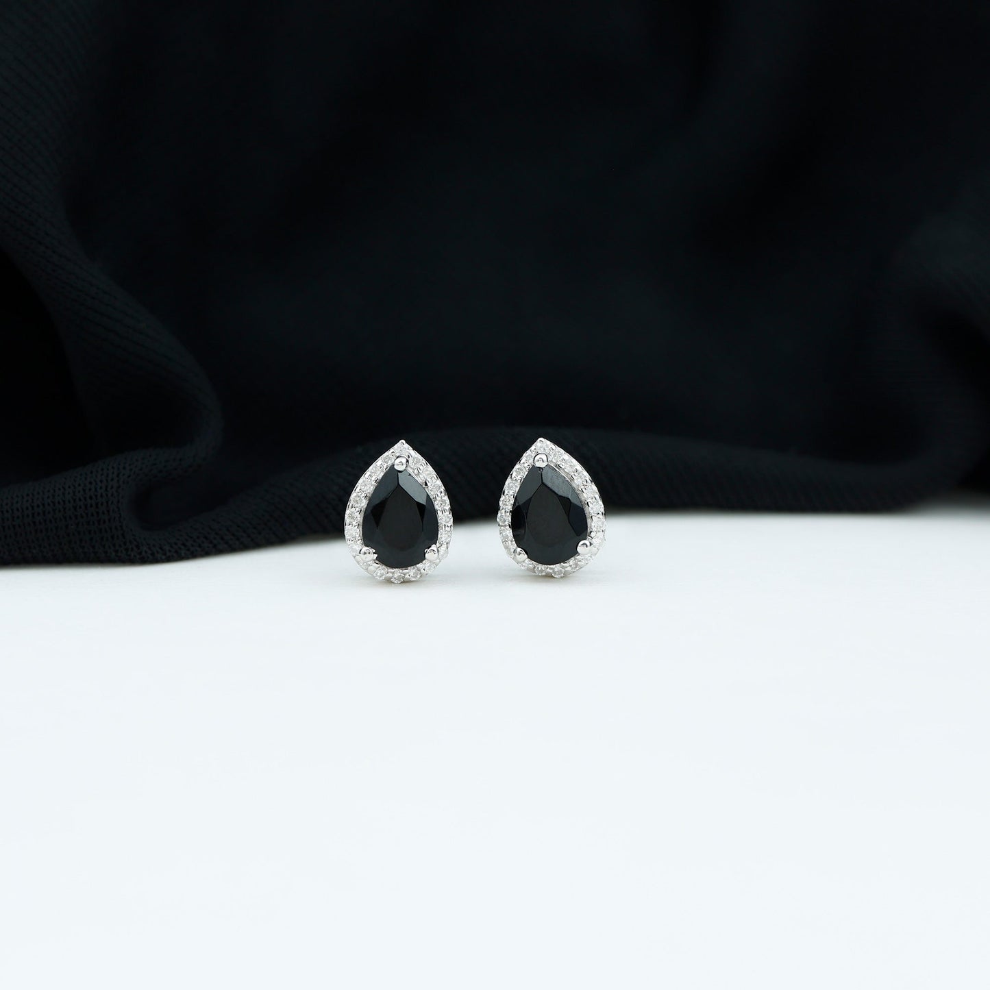 Natural 1.2 Carat Pear Shape Black Spinel Earrings with Diamond Halo