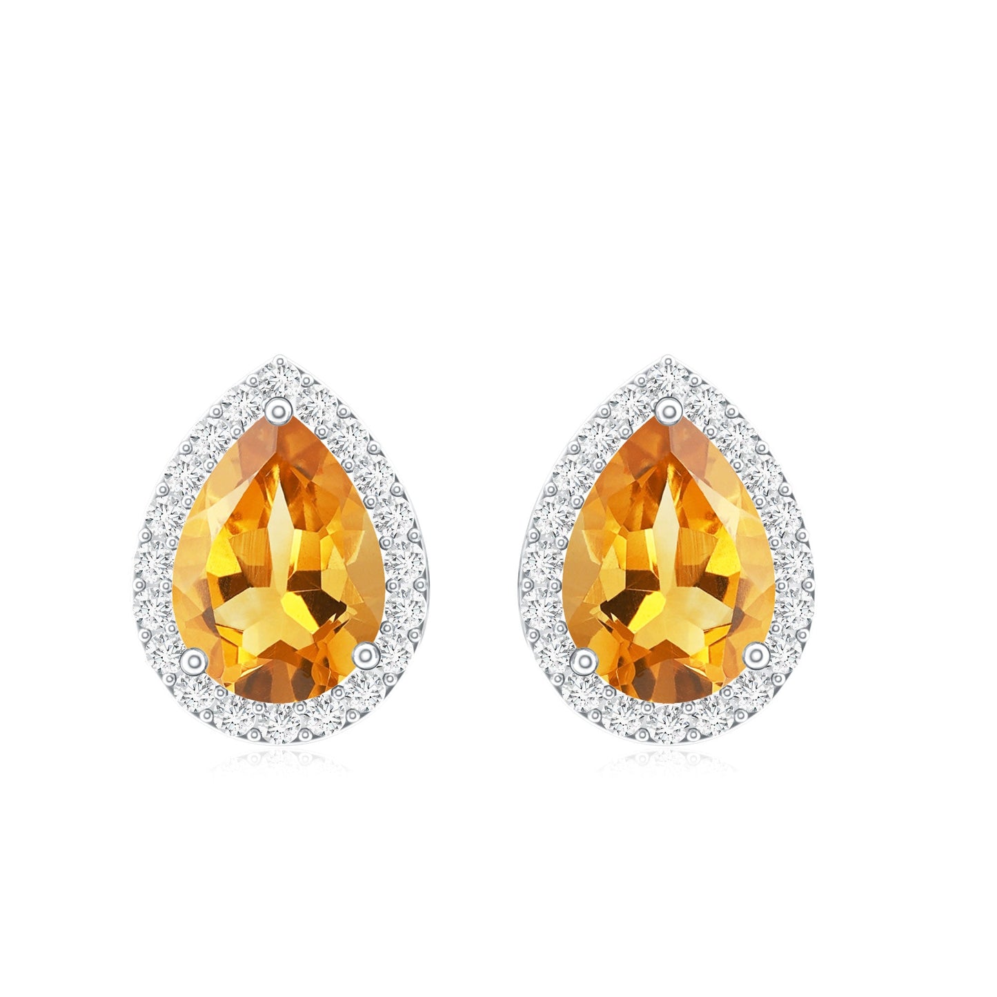 Certified Real Pear Shape Citrine Stud Earrings with Diamond Halo