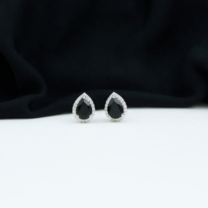 Lab Created Black Diamond Teardrop Stud Earrings with Diamond Halo