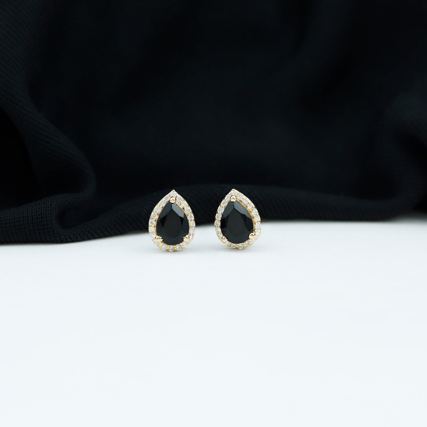 Lab Created Black Diamond Teardrop Stud Earrings with Diamond Halo