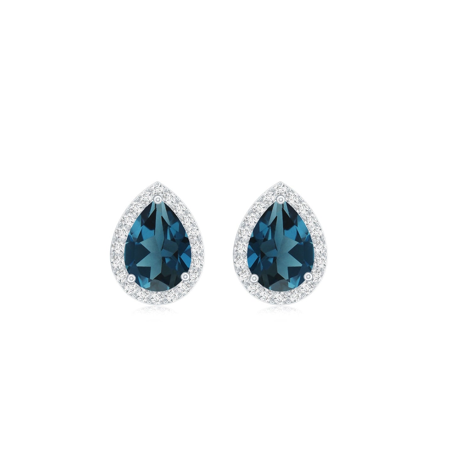 Real London Blue Topaz Teardrop Stud Earrings with Diamond Halo