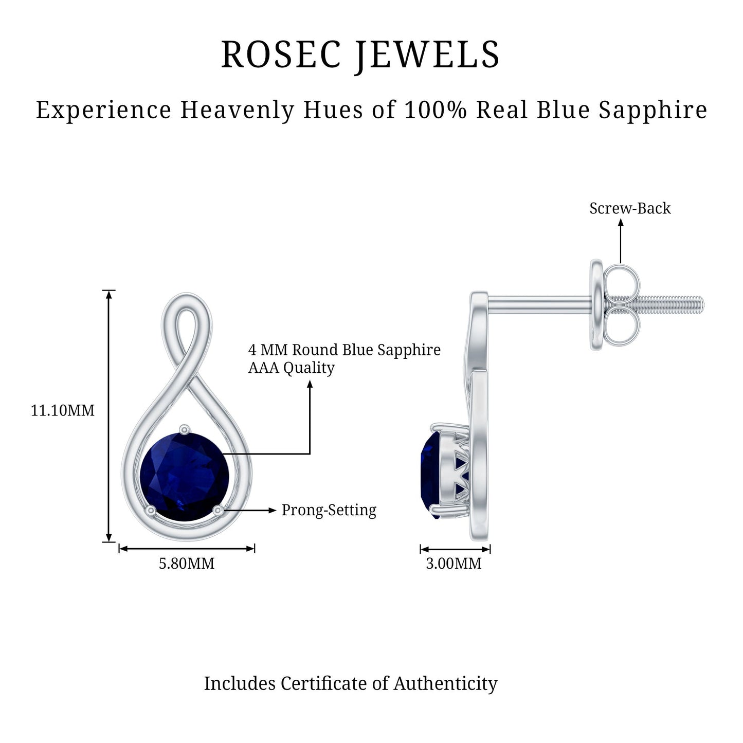 0.8 Carat Round Cut Blue Sapphire Solitaire Infinity Stud Earrings