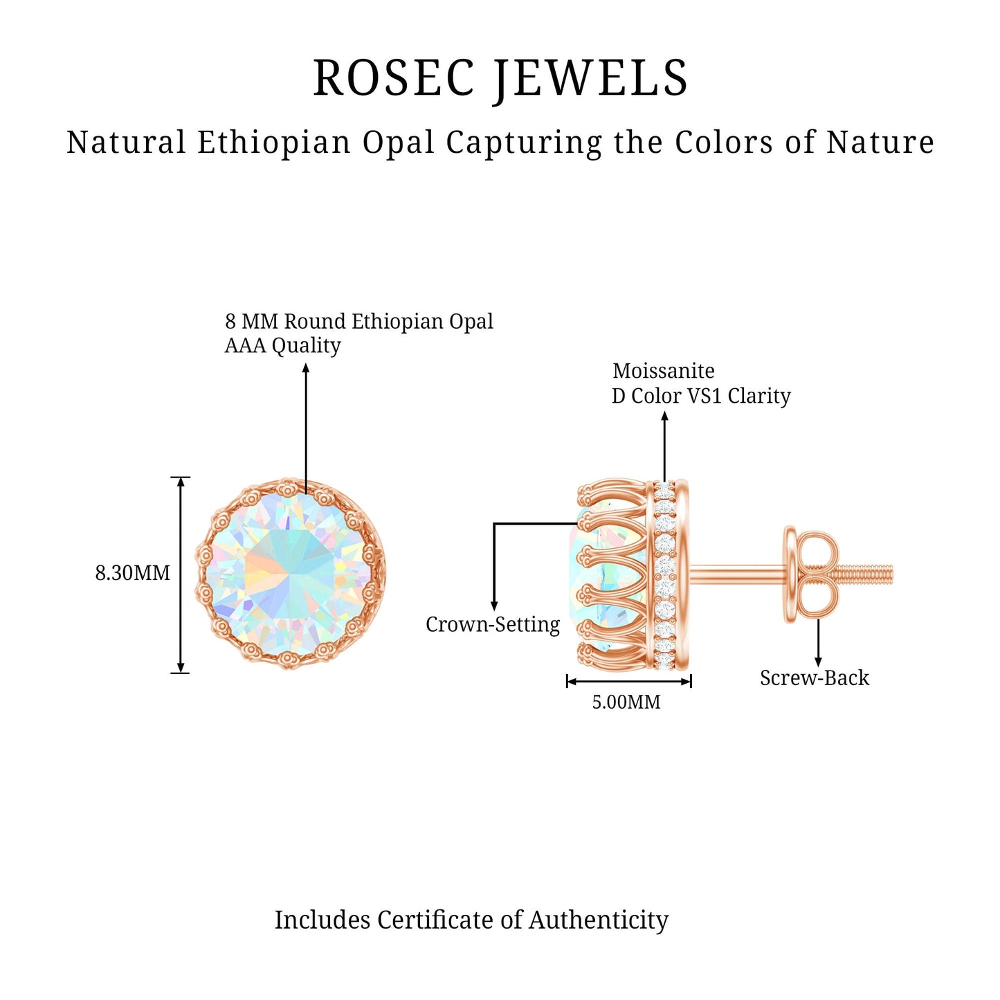 Real Ethiopian Opal Crown Stud Earrings with Certificate