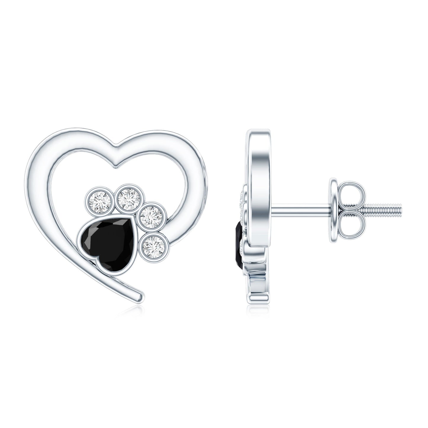 Heart Shape Black Onyx and Diamond Paw Stud Earrings