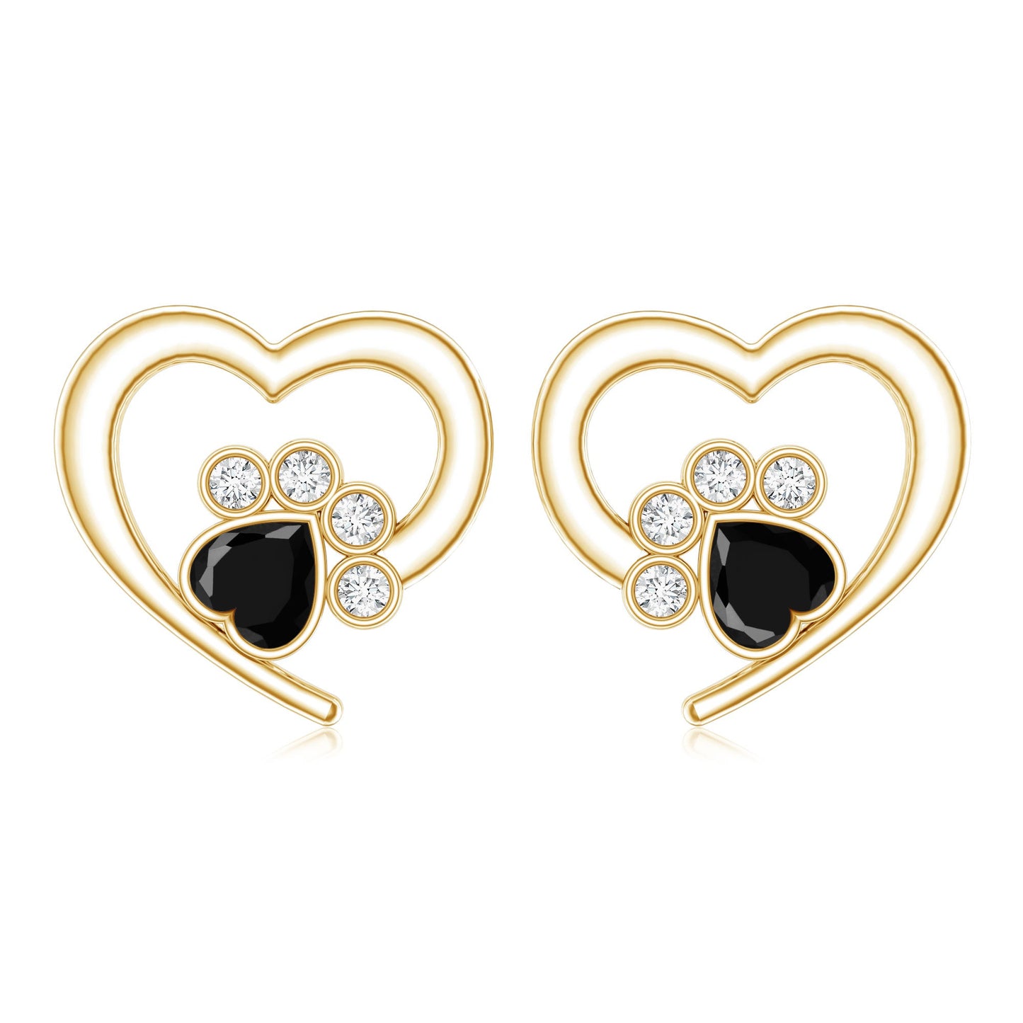 Heart Shape Black Onyx and Diamond Paw Stud Earrings
