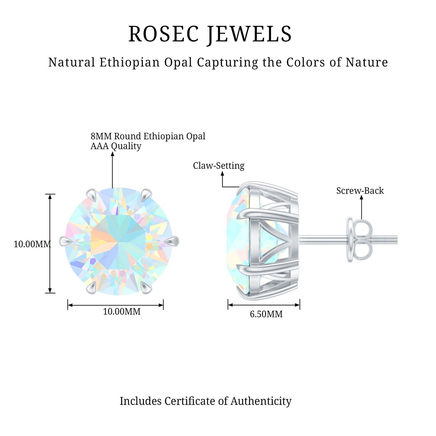 4 Carat Genuine Round Ethiopian Opal Solitaire Stud Earrings