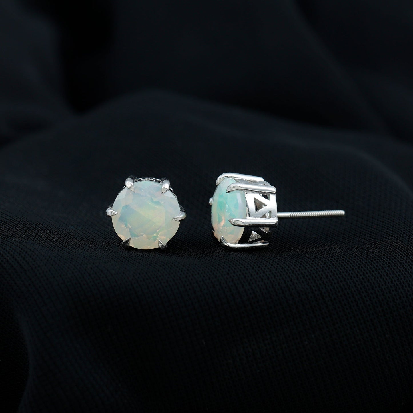 4 Carat Genuine Round Ethiopian Opal Solitaire Stud Earrings