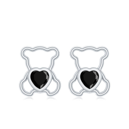Heart Shape Lab Created Black Diamond Teddy Bear Stud Earrings