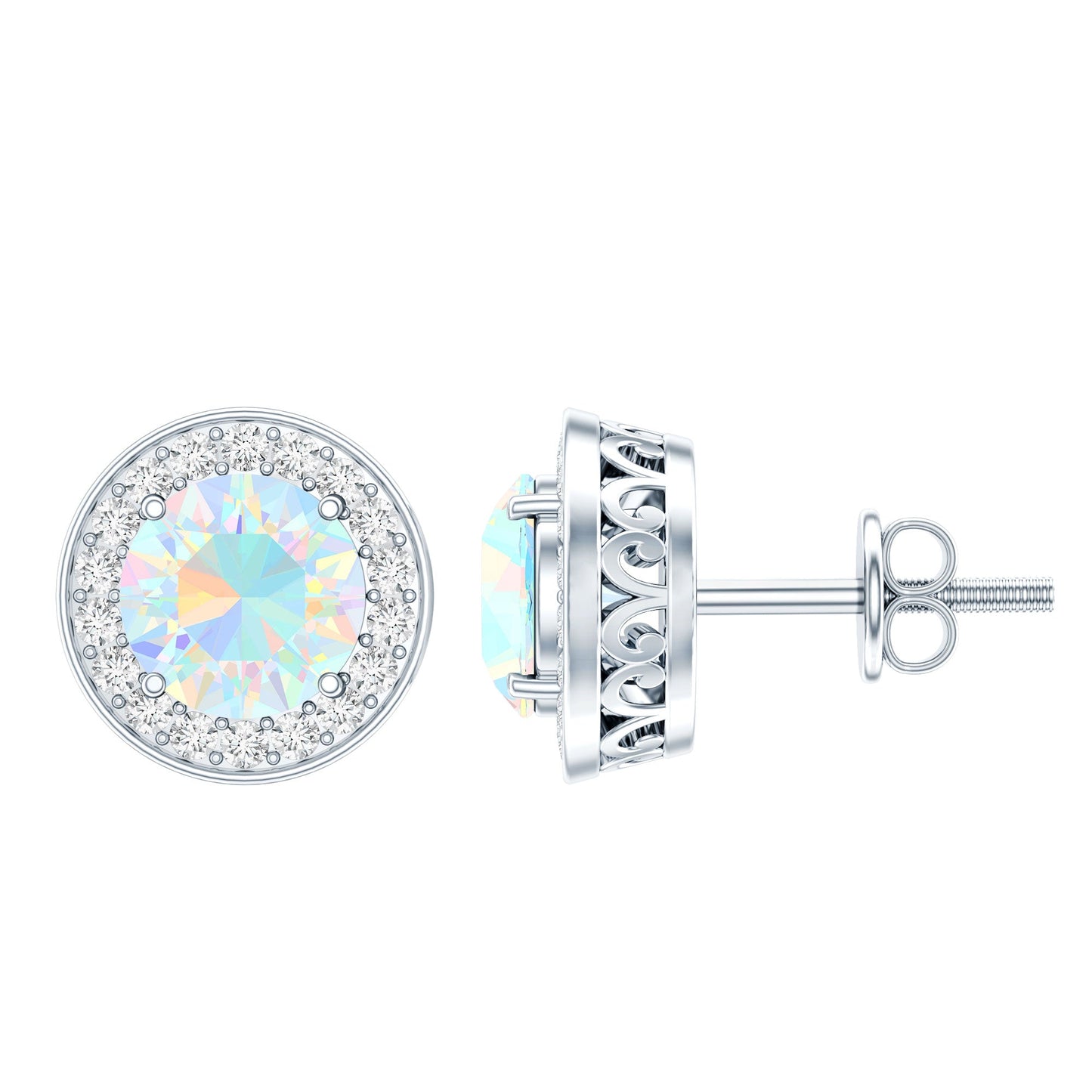 1.6 Carat Round Ethiopian Opal and Diamond Halo Stud Earrings