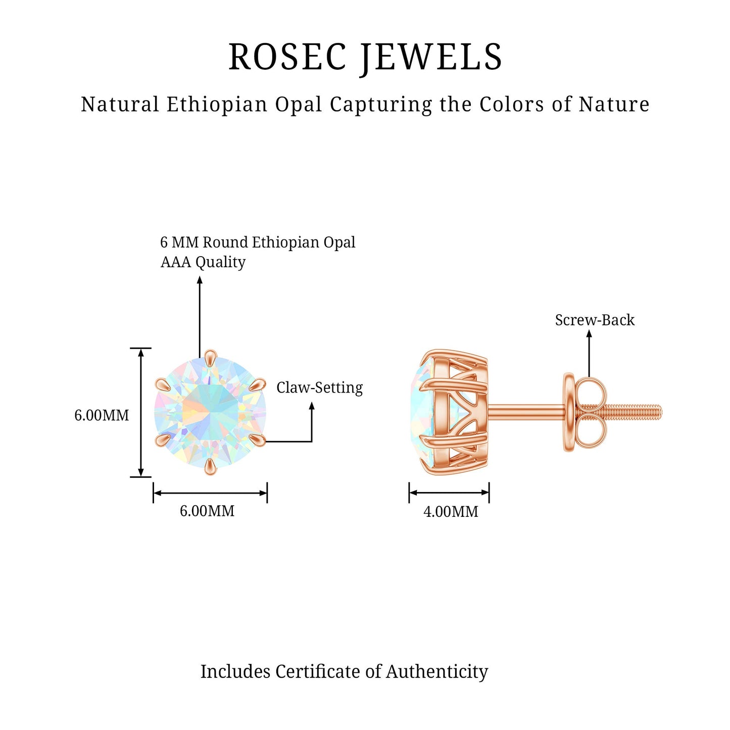 1.6 Carat Round Ethiopian Opal Solitaire Stud Earrings in 6 Claw Setting