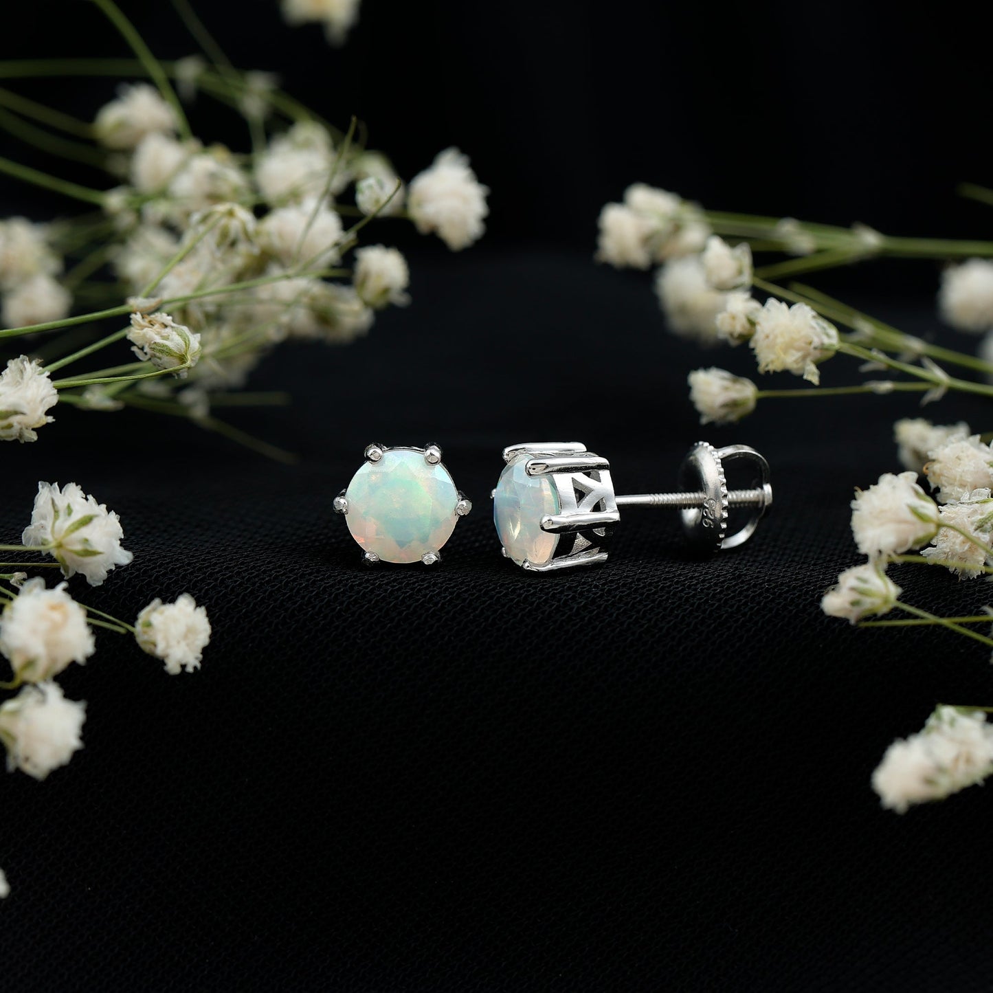 1.6 Carat Round Ethiopian Opal Solitaire Stud Earrings in 6 Claw Setting