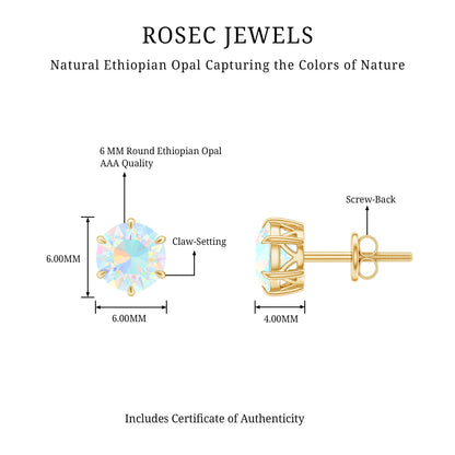1.6 Carat Round Ethiopian Opal Solitaire Stud Earrings in 6 Claw Setting