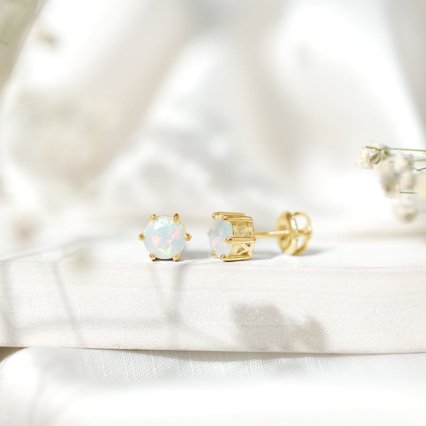 1.6 Carat Round Ethiopian Opal Solitaire Stud Earrings in 6 Claw Setting
