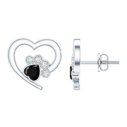 Heart Shape Black Spinel Paw Stud Earrings with Moissanite