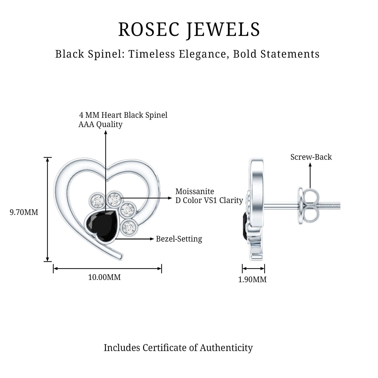 Heart Shape Black Spinel Paw Stud Earrings with Moissanite