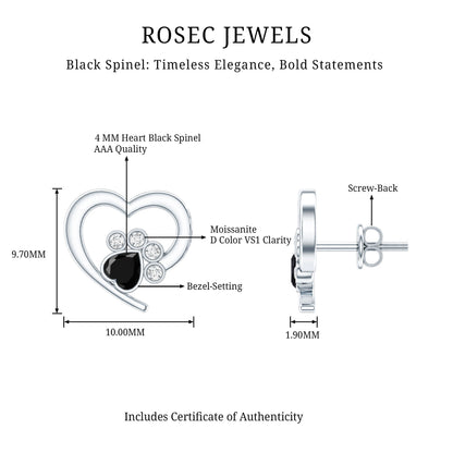 Heart Shape Black Spinel Paw Stud Earrings with Moissanite