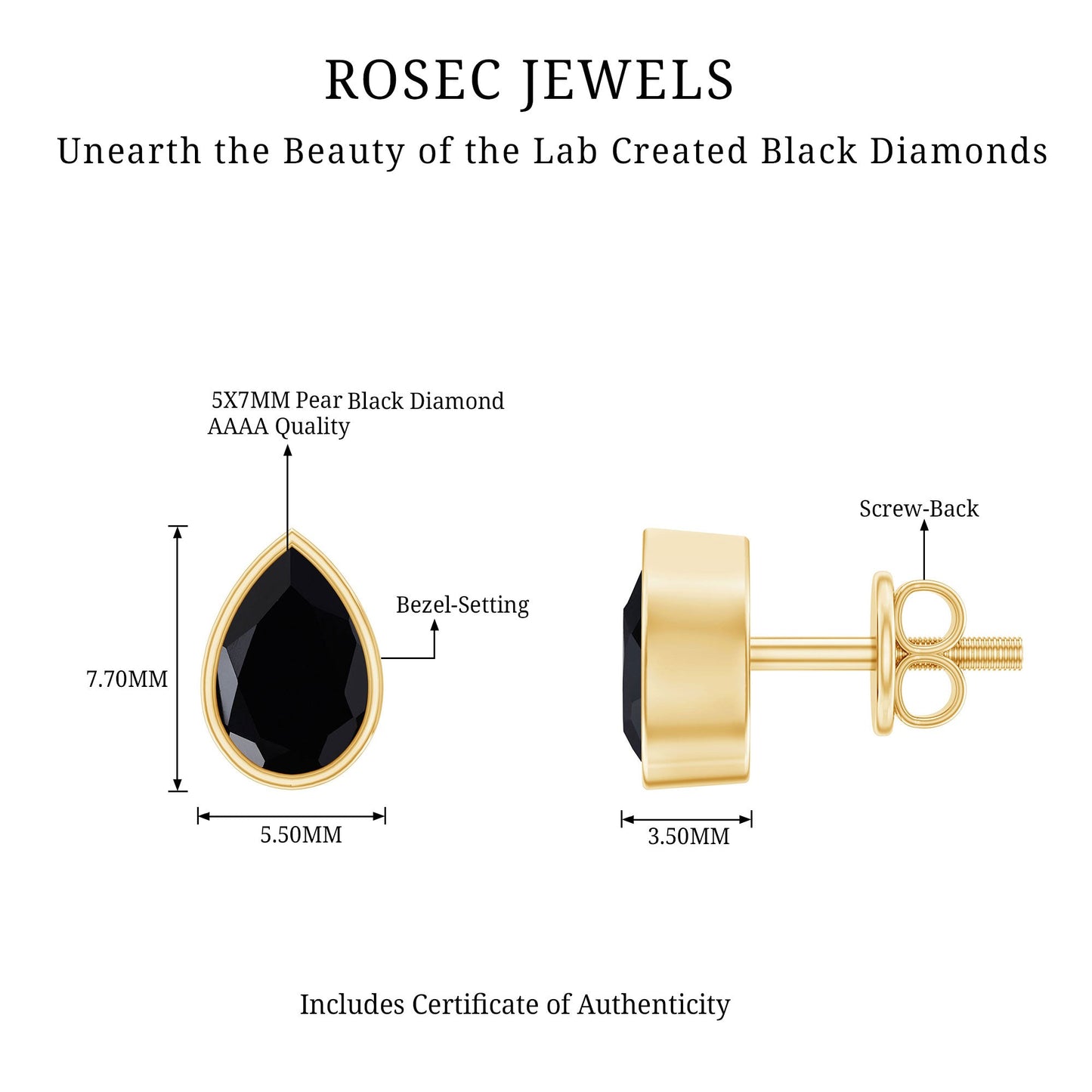 Pear Shaped 1.5 Carat Lab Grown Black Diamond Stud Earrings for Women
