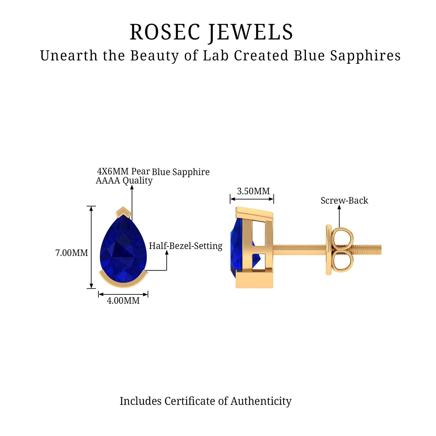 1 Carat Lab Grown Blue Sapphire Teardrop Stud Earrings