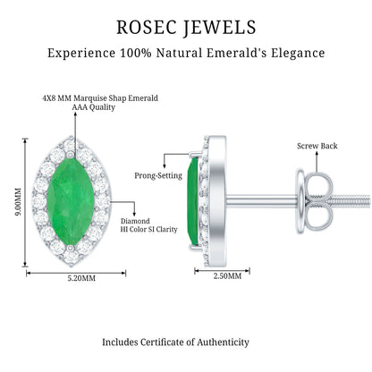 1.6 Carat Marquise Cut Emerald and Diamond Stud Earrings