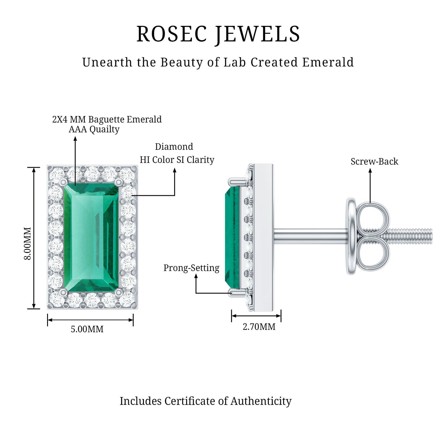 Baguette Cut Lab Grown Emerald and Diamond Halo Stud Earrings