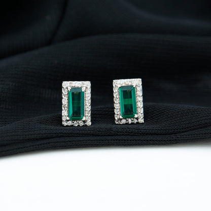 Baguette Cut Lab Grown Emerald and Diamond Halo Stud Earrings