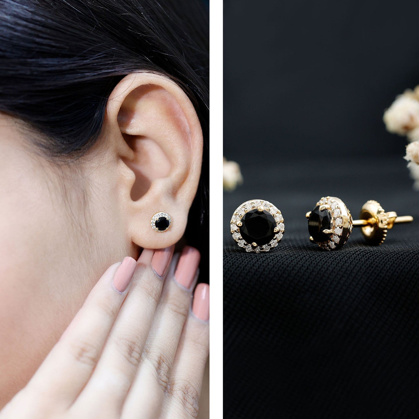 1.6 Carat Round Lab Created Black and White Diamond Halo Stud Earrings