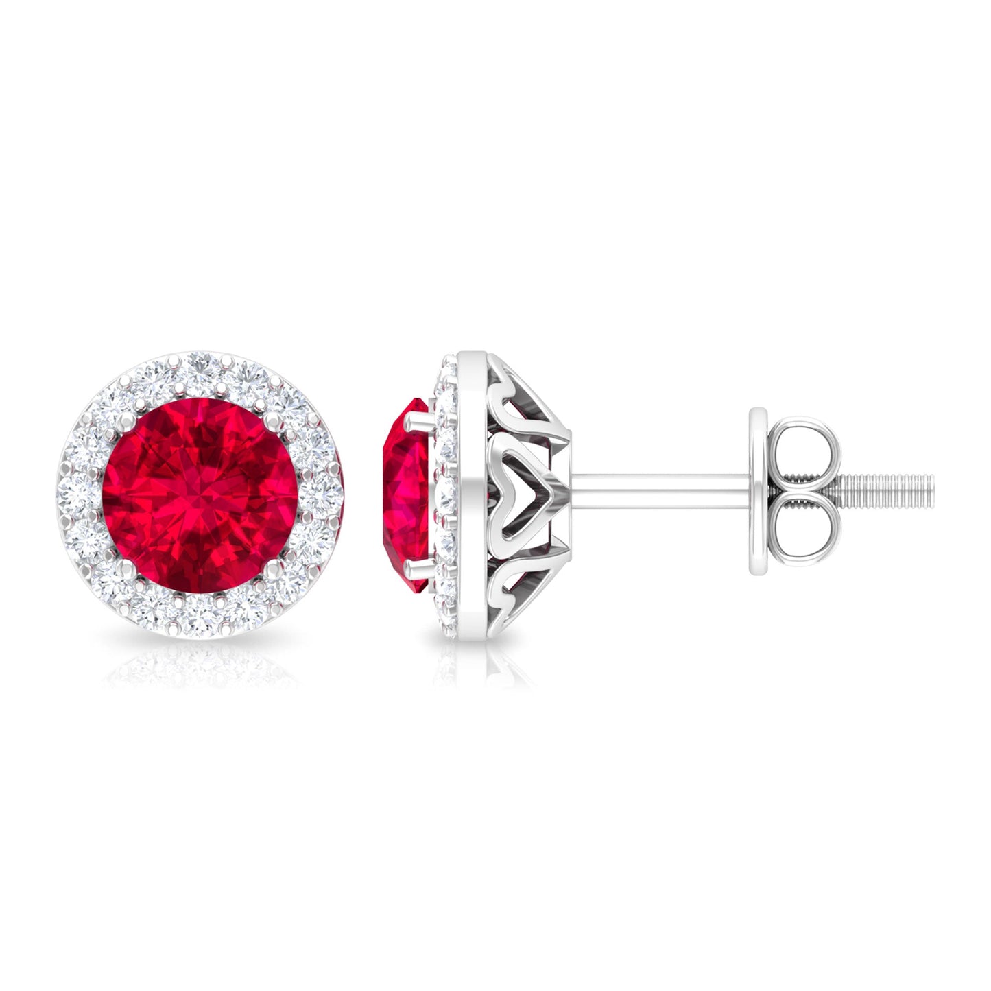 Round Lab Created Ruby Classic Stud Earrings With Diamond Halo