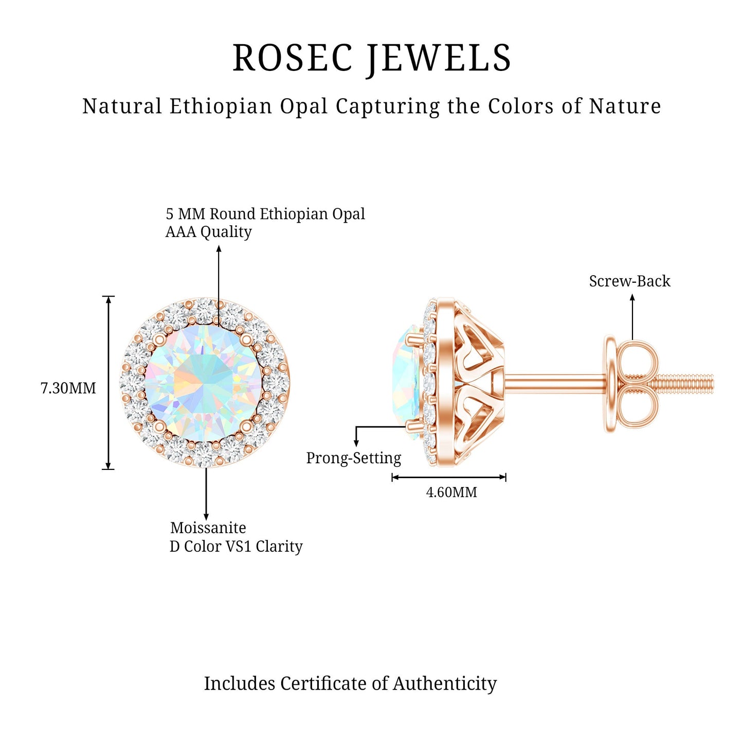 Natural Ethiopian Opal and Moissanite Halo Stud Earrings