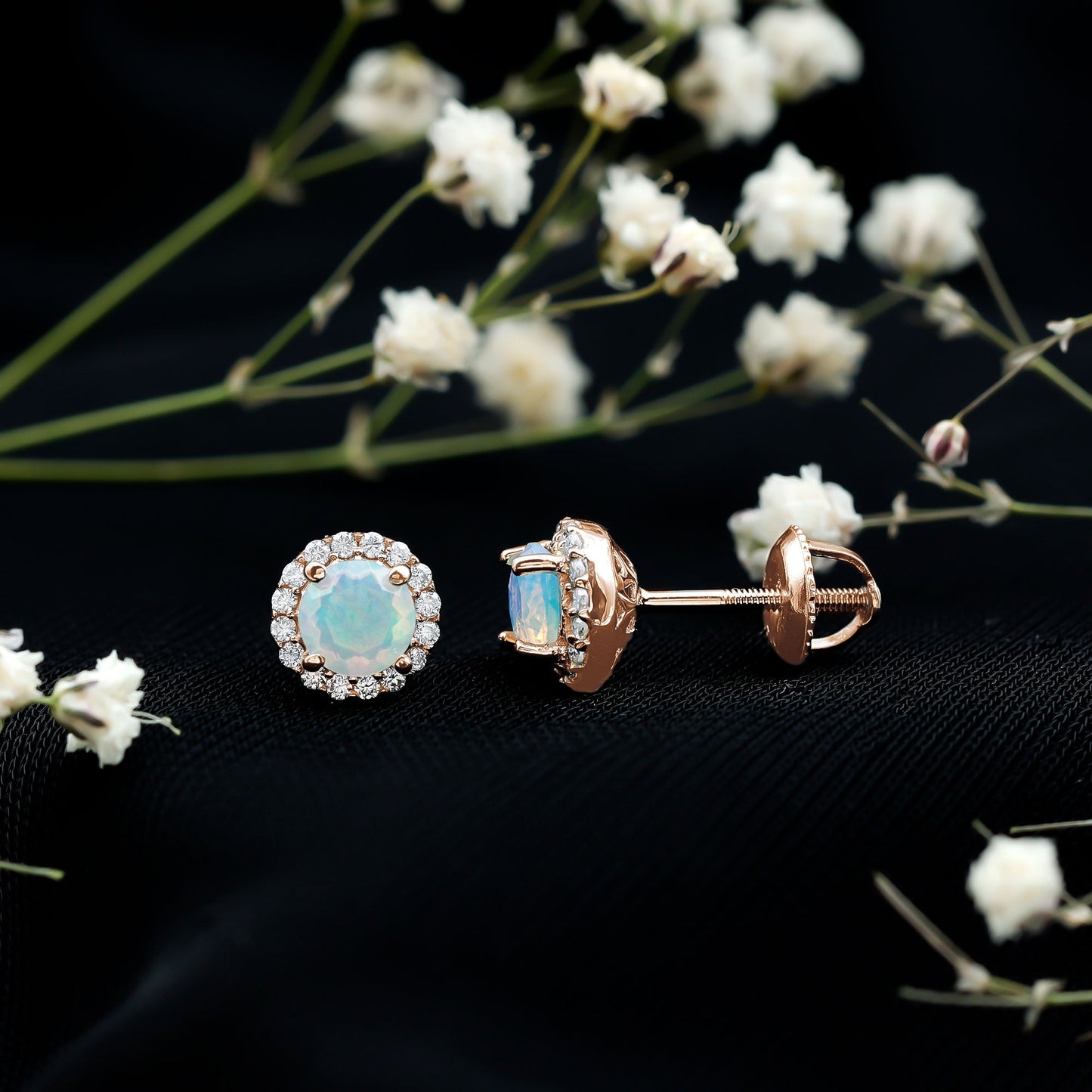 Natural Ethiopian Opal and Moissanite Halo Stud Earrings