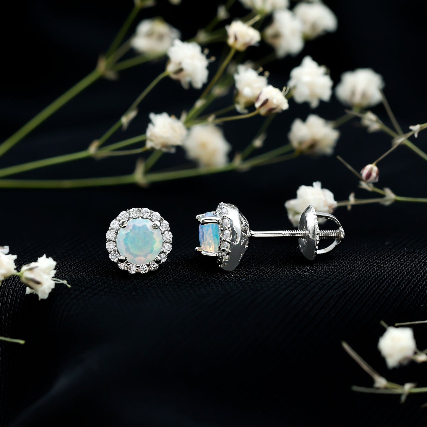 Natural Ethiopian Opal and Moissanite Halo Stud Earrings