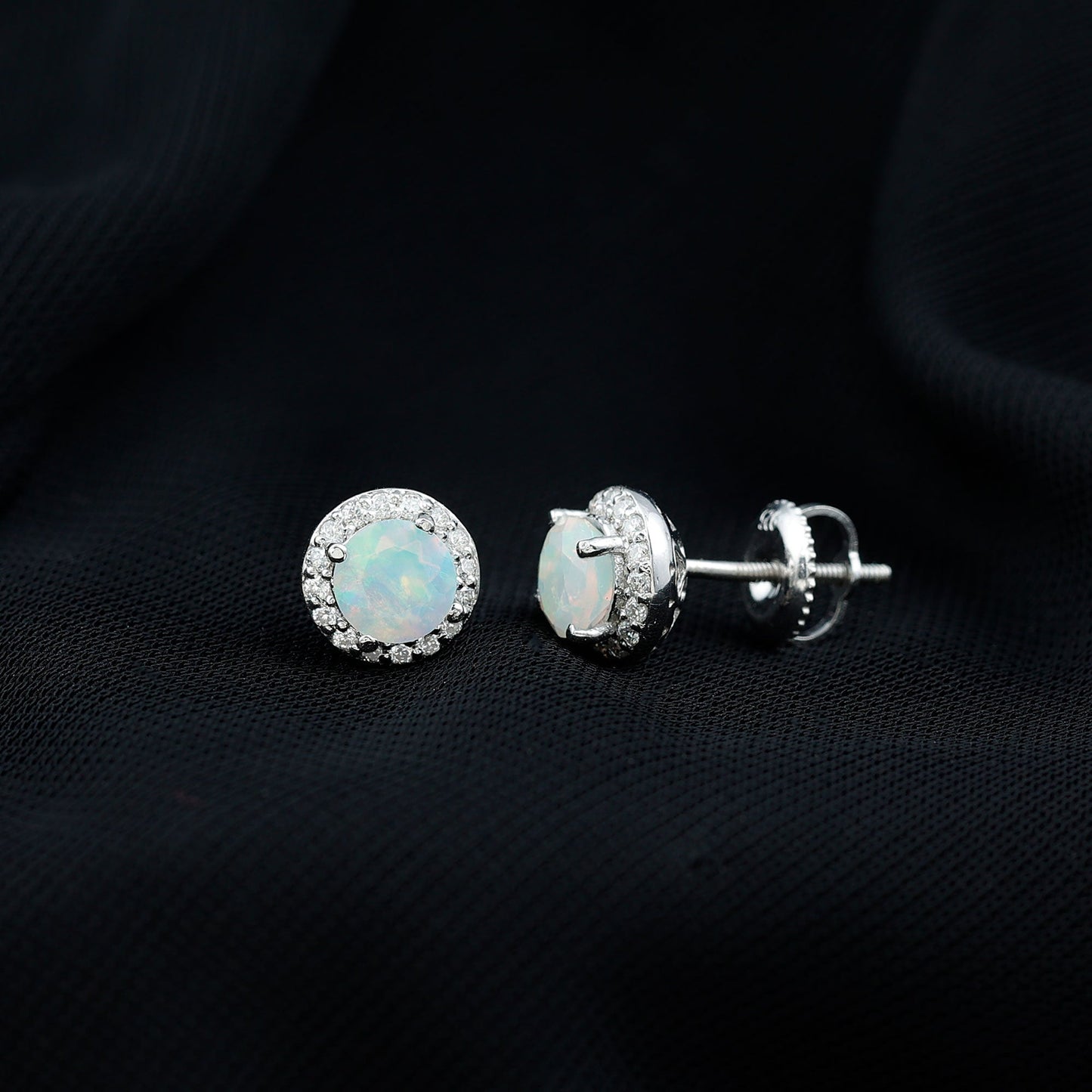 Natural Ethiopian Opal and Moissanite Halo Stud Earrings