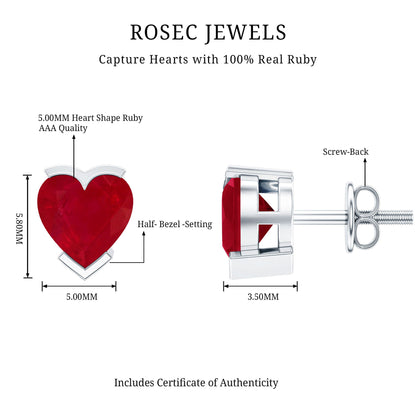 1.3 CT Heart Shape Ruby Solitaire Stud Earrings
