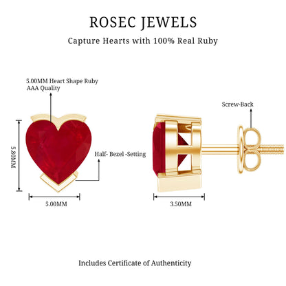 1.3 CT Heart Shape Ruby Solitaire Stud Earrings