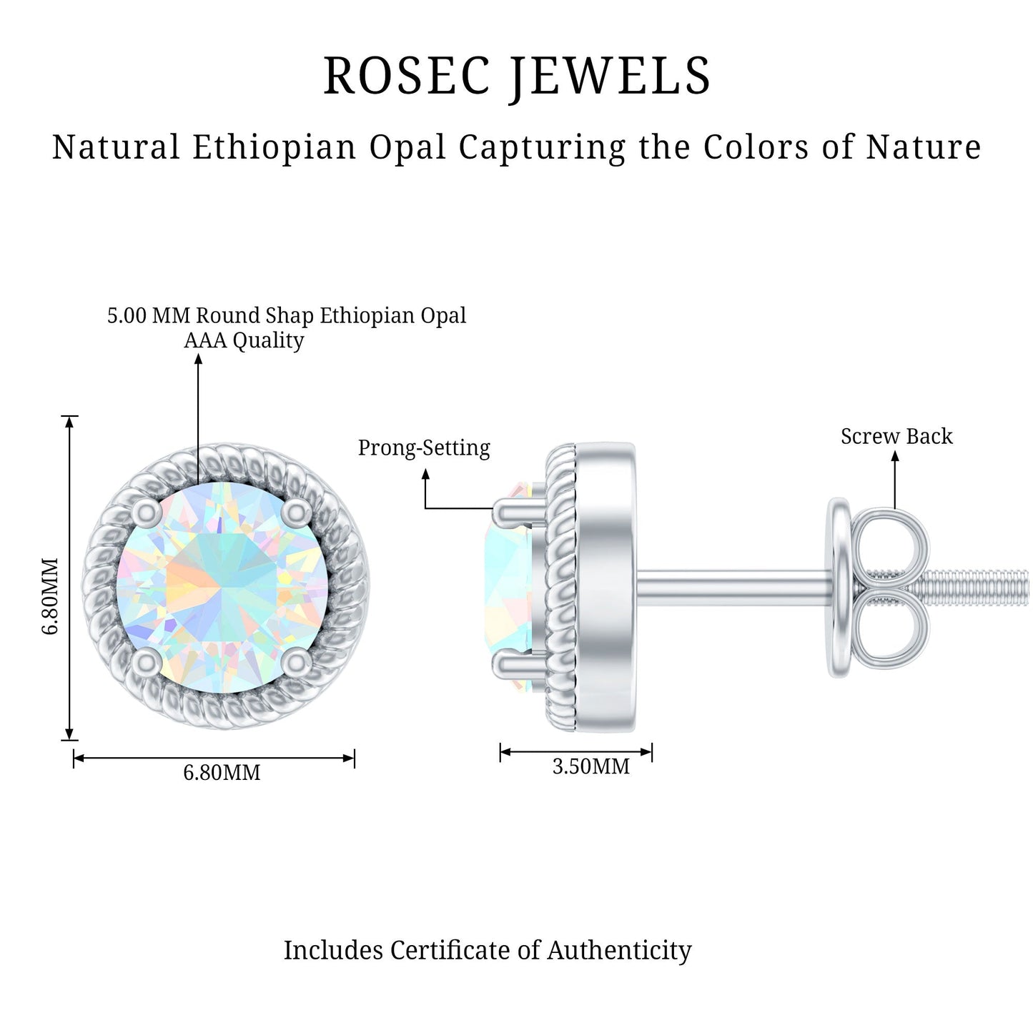1 Carat Round Shape Ethiopian Opal Solitaire Stud Earrings