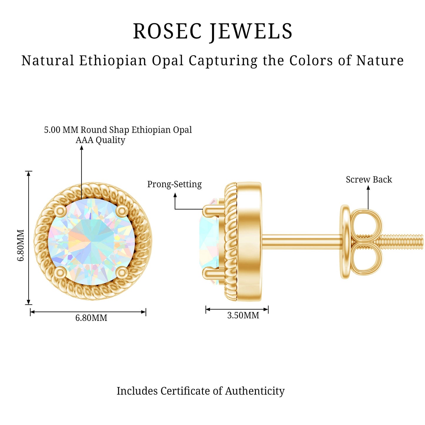 1 Carat Round Shape Ethiopian Opal Solitaire Stud Earrings