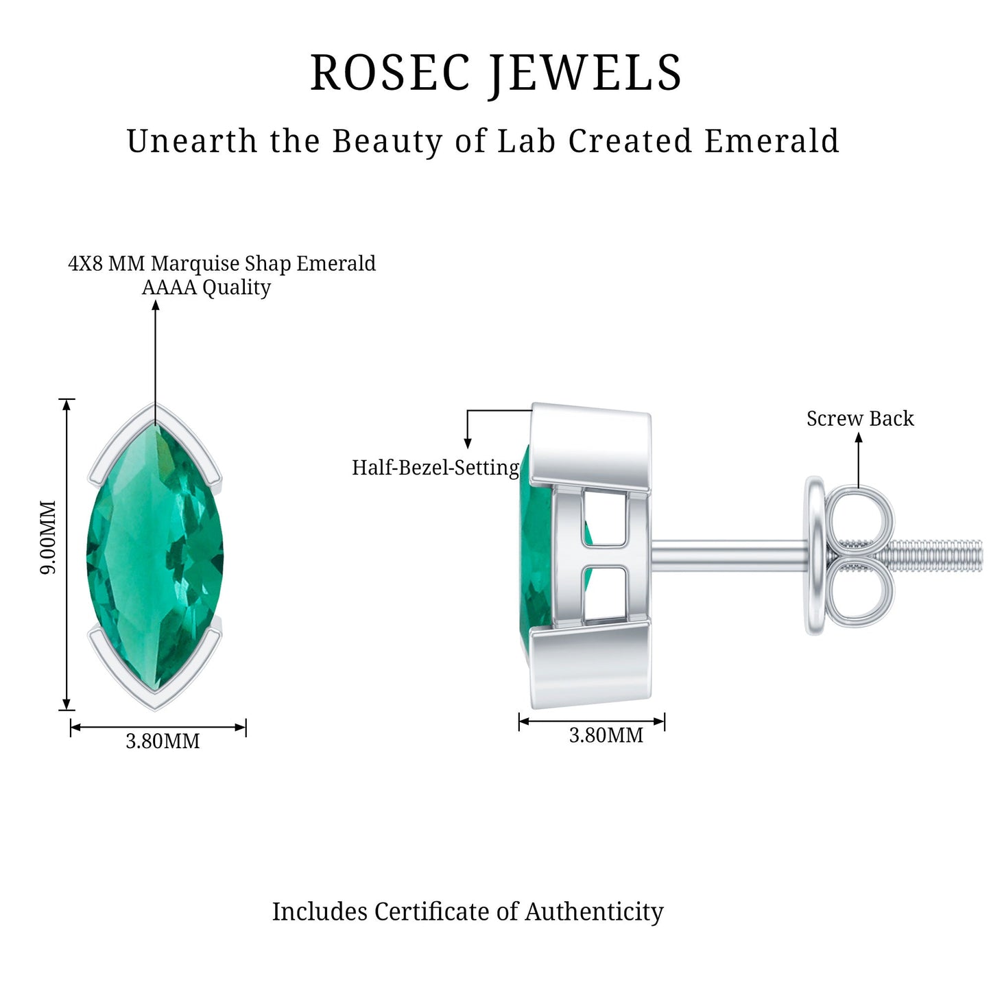 1 CT Marquise Cut Lab Grown Emerald Solitaire Stud Earrings