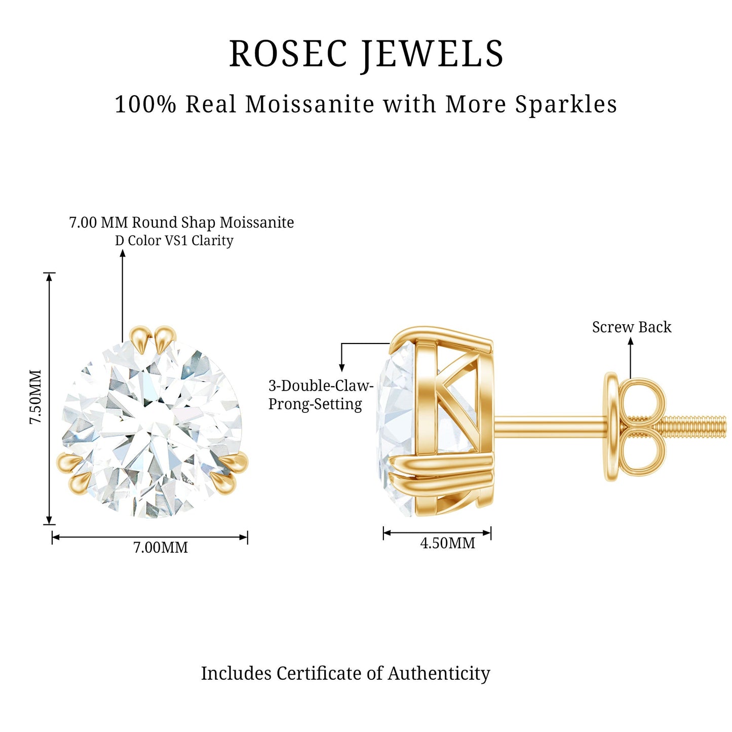 2.73 Carat Round Shape Moissanite Solitaire Stud Earrings