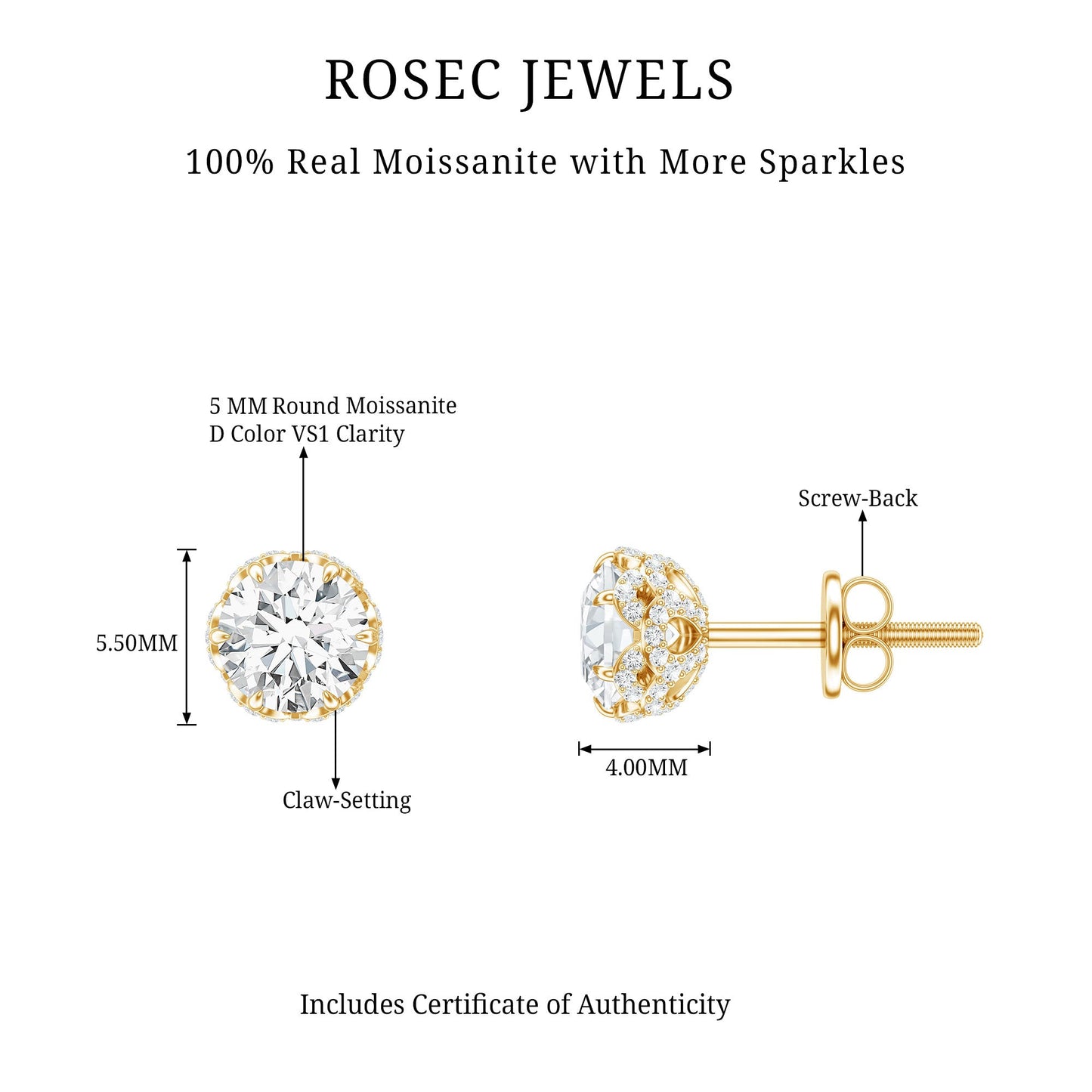 Designer 1 Carat Moissanite Stud Earrings with Screw Back