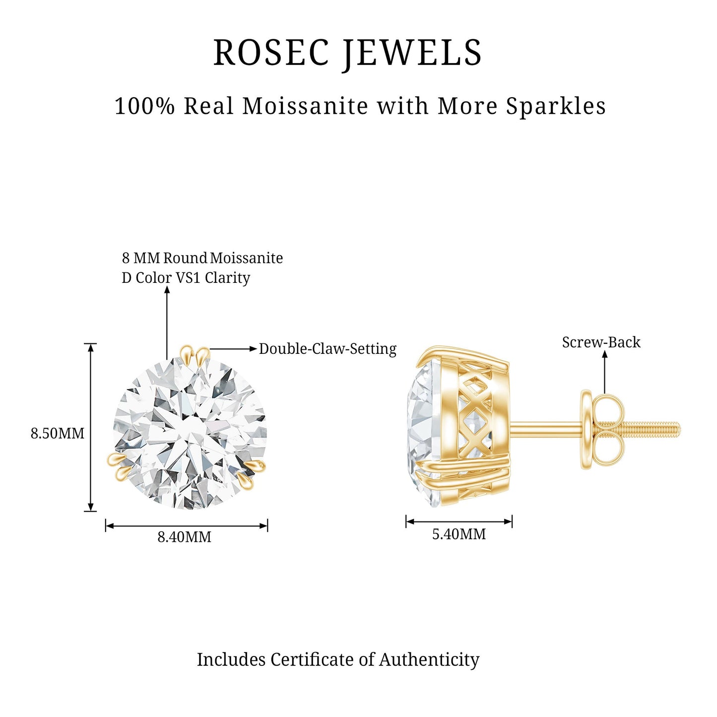 Certified 4 CT Moissanite Stud Earrings in 3 Double Claw Prong Setting