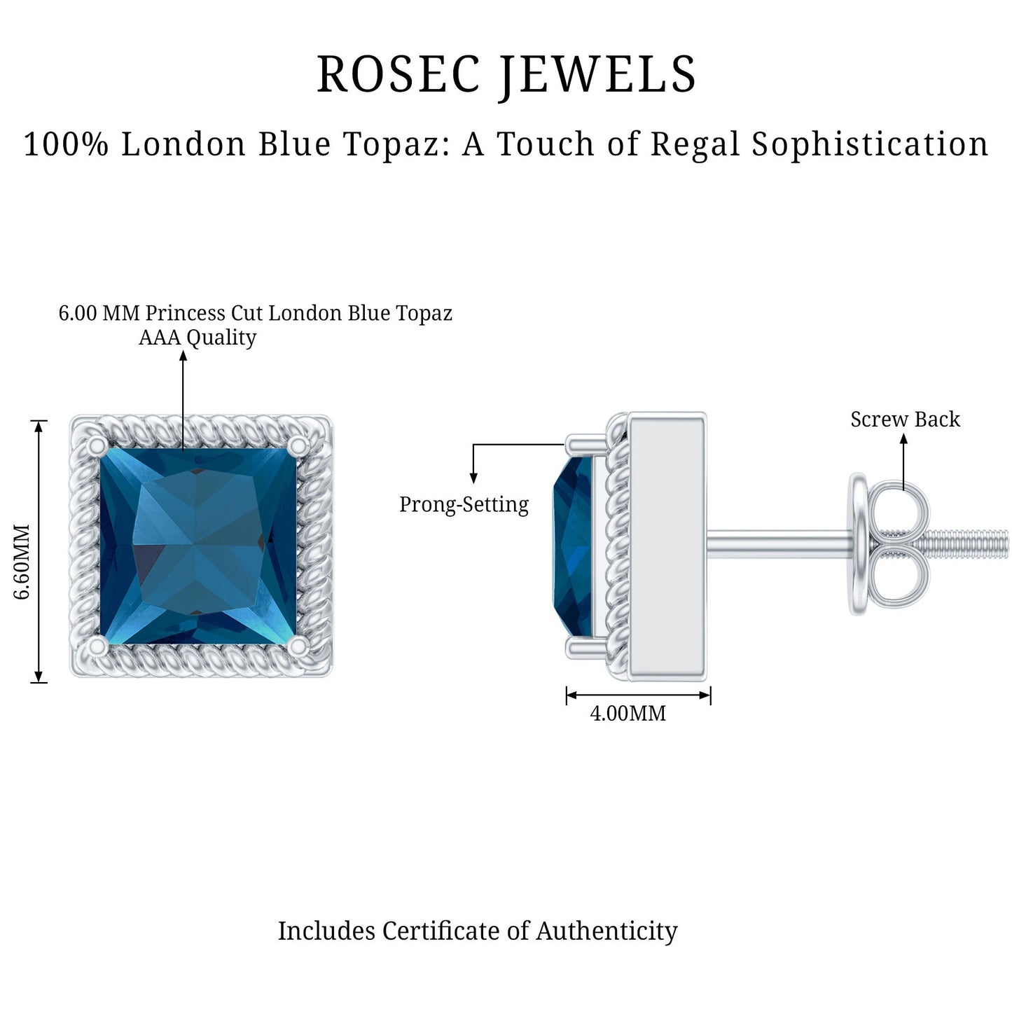 2 Carat Princess Cut London Blue Topaz Stud Earrings