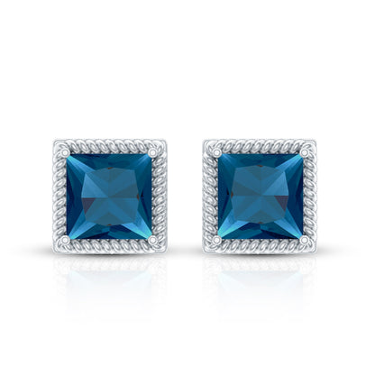 2 Carat Princess Cut London Blue Topaz Stud Earrings