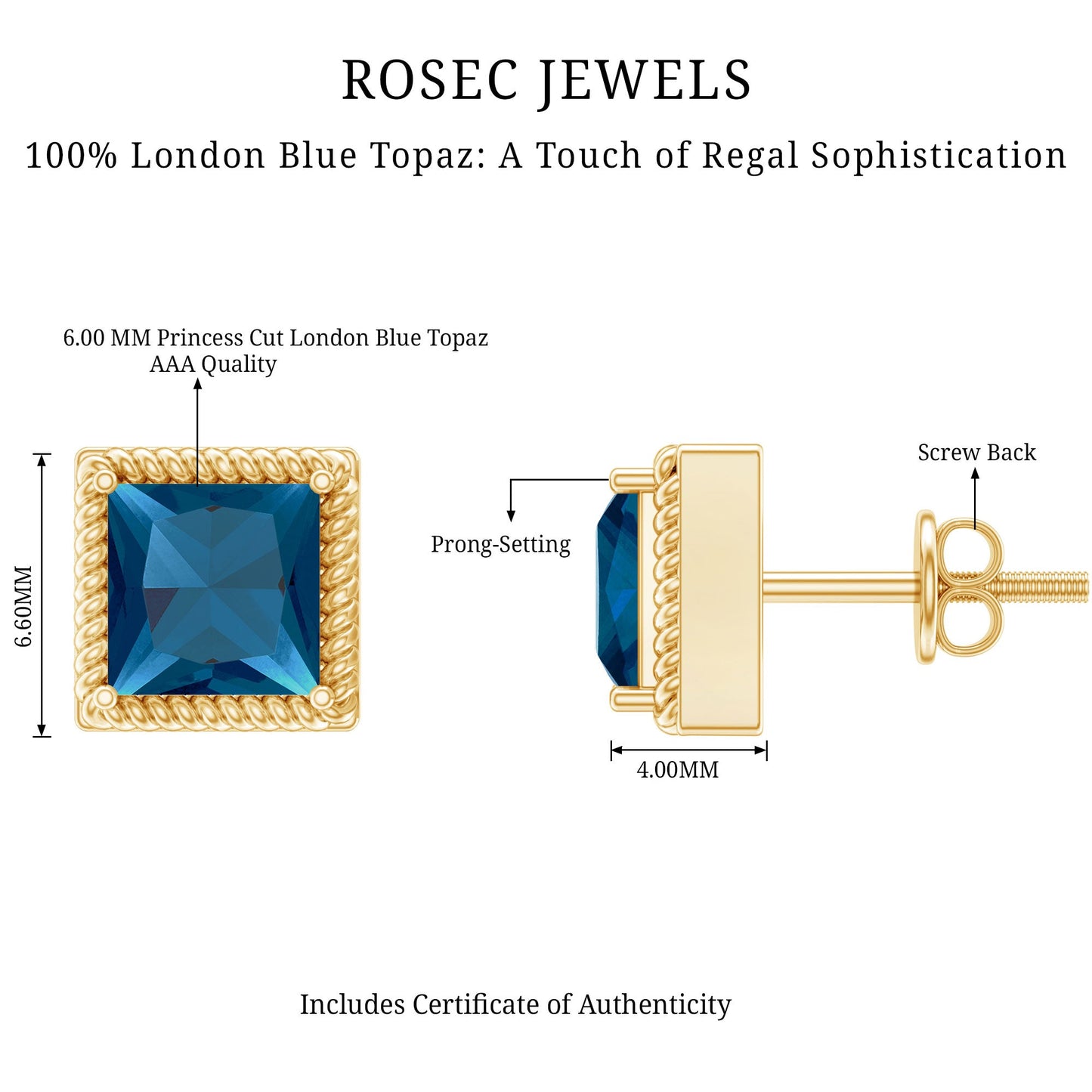 2 Carat Princess Cut London Blue Topaz Stud Earrings