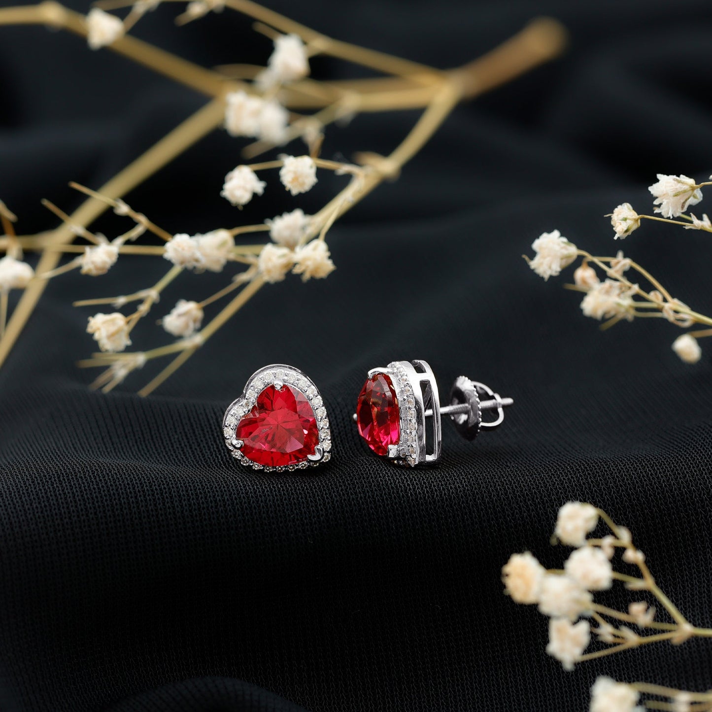 Heart Shape Lab Grown Ruby Stud Earrings For Her