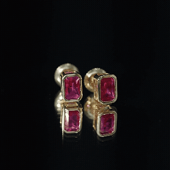 1.5 Carat Emerald Cut Lab Grown Ruby Stud Earrings in Bezel Set