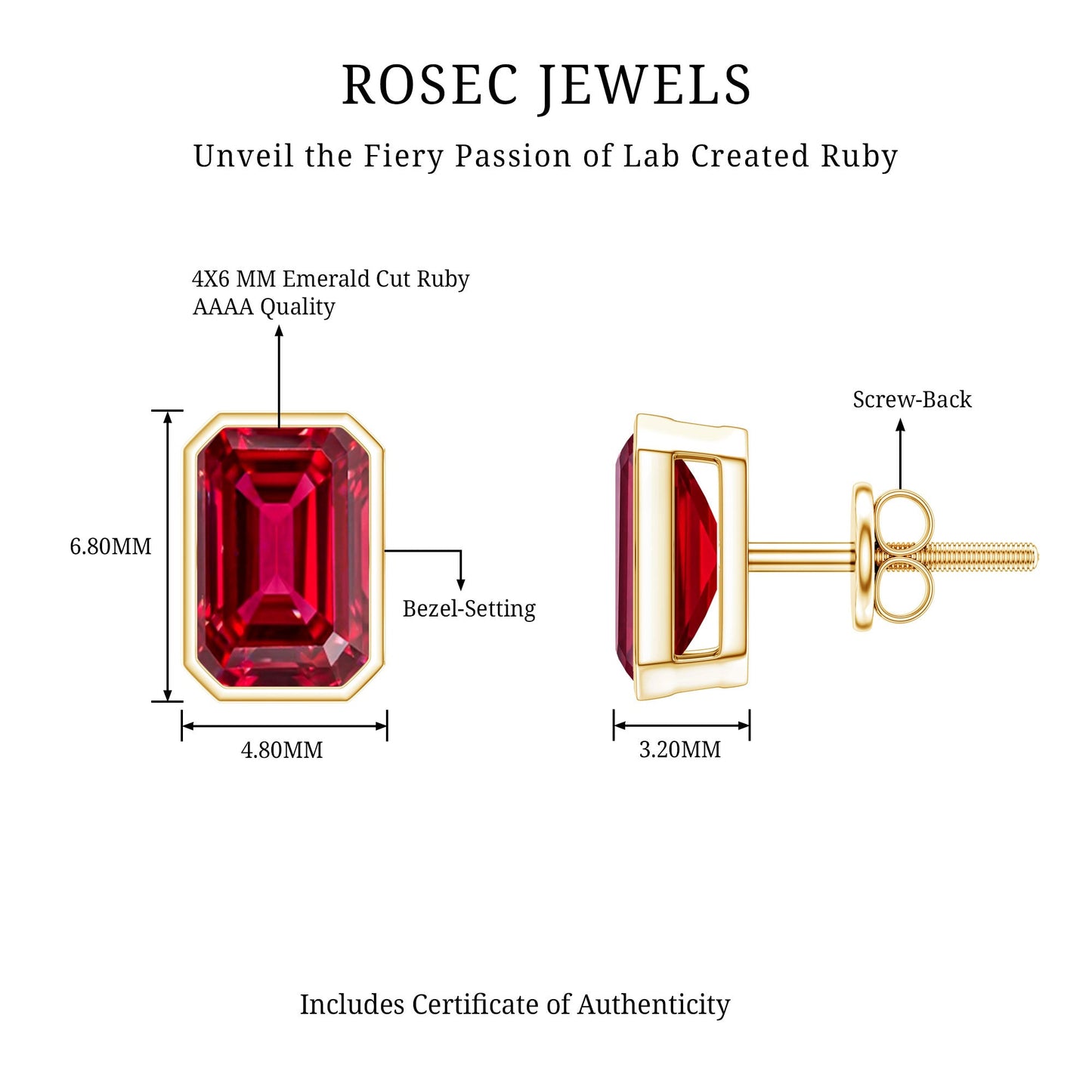1.5 Carat Emerald Cut Lab Grown Ruby Stud Earrings in Bezel Set