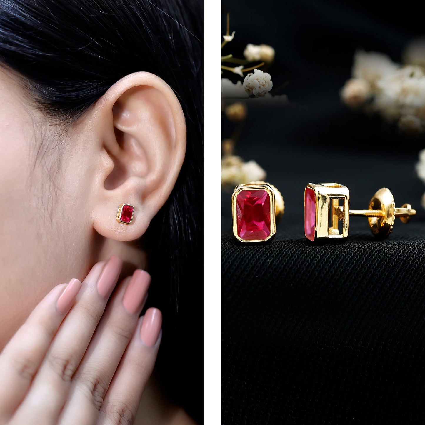1.5 Carat Emerald Cut Lab Grown Ruby Stud Earrings in Bezel Set